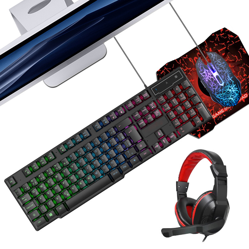 Glowing Keyboard Mouse Headset Mouse Pad for Game Office - Black Glowing Keyboard Mouse Headset Mouse Pad for Game Office - Black