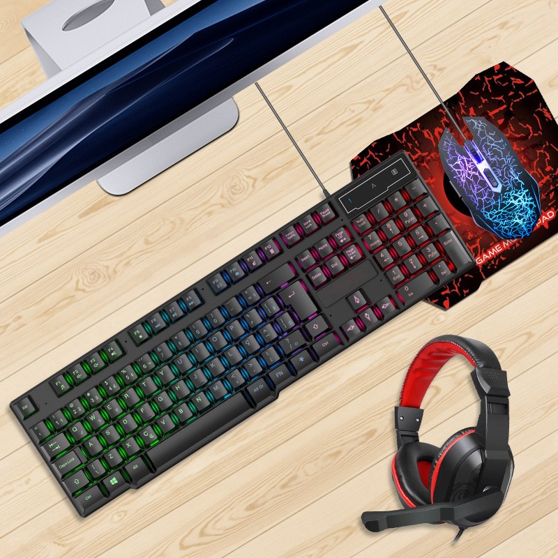 Glowing Keyboard Mouse Headset Mouse Pad for Game Office - Black Glowing Keyboard Mouse Headset Mouse Pad for Game Office - Black