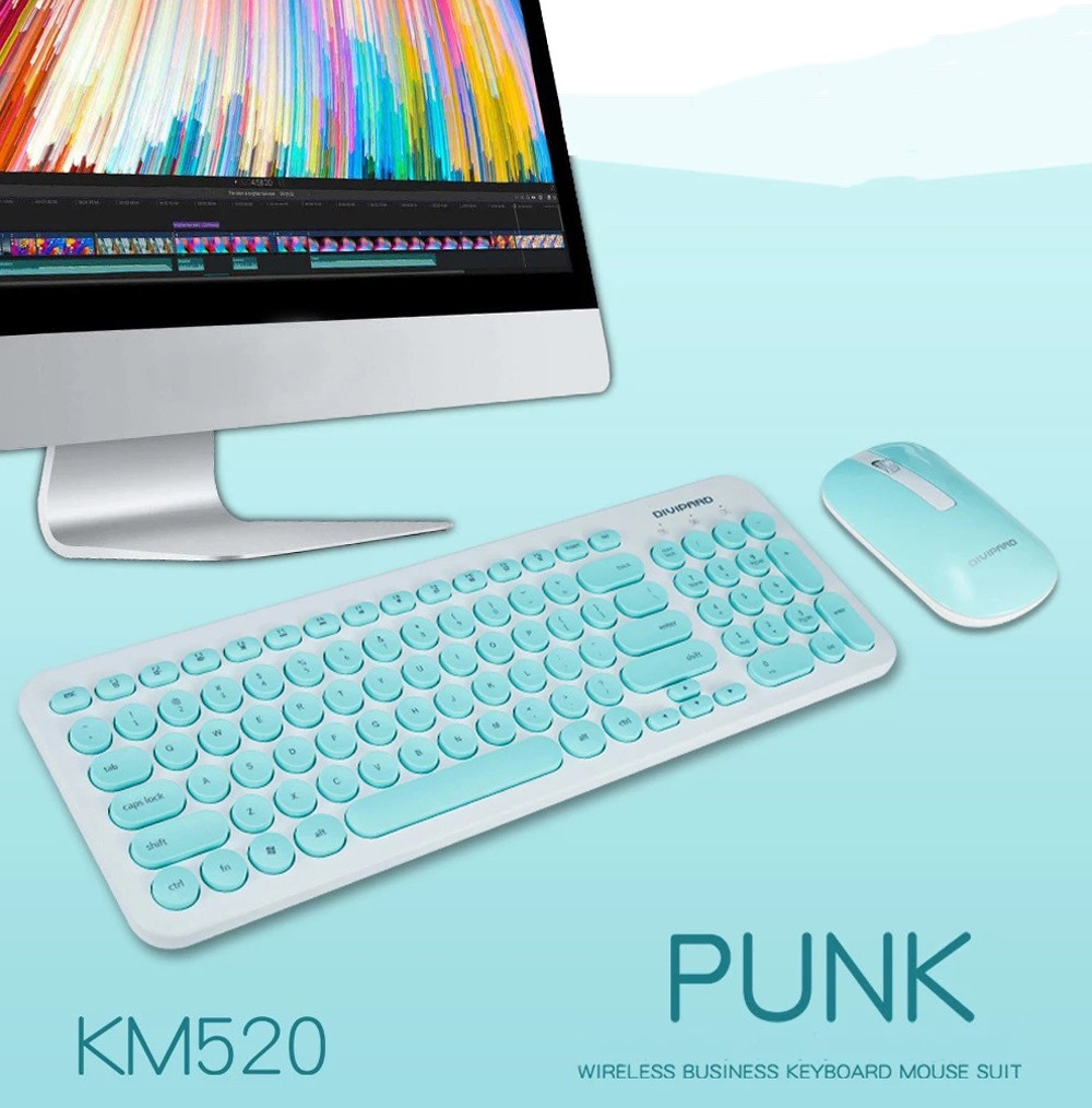 KM520 Slim Mute 2.4G Wireless Keyboard And Mouse Set Punk Style 96 Keys Keyboards for Desktop Laptop - Day Sky Blue KM520 Slim Mute 2.4G Wireless Keyboard And Mouse Set Punk Style 96 Keys Keyboards for Desktop Laptop - Day Sky Blue