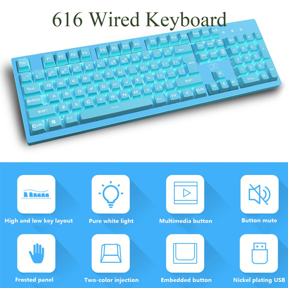 616 Wired Keyboard Mechanical Feel PBT Keycaps for Computer Desktop Gaming - Light Sky Blue 616 Wired Keyboard Mechanical Feel PBT Keycaps for Computer Desktop Gaming - Light Sky Blue
