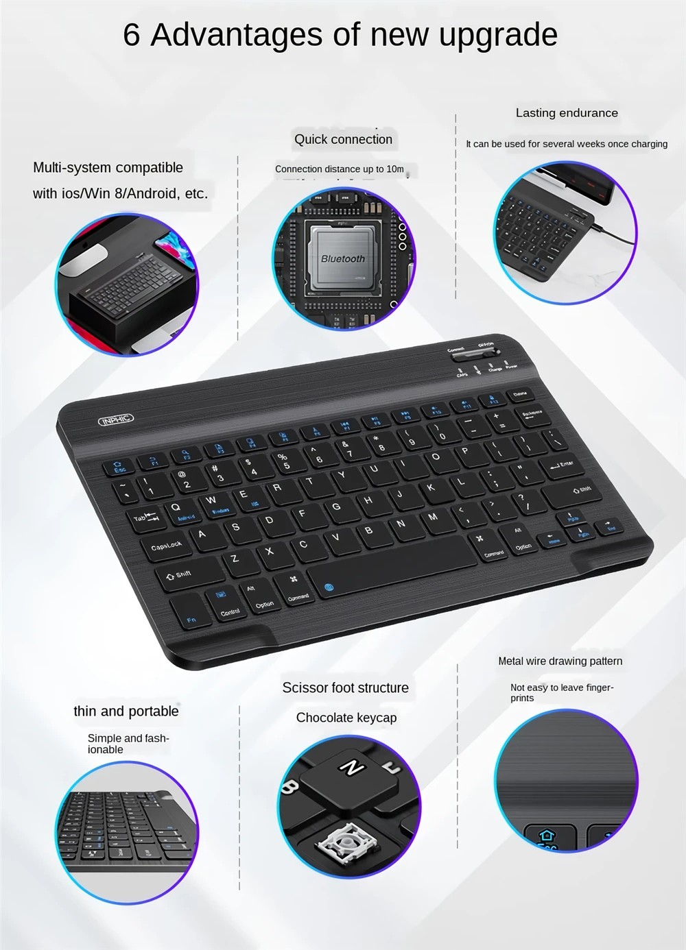 Inphic V750B Wireless Bluetooth Keyboard Chargeable Ultra-thin Waterproof Notebook Mobile Phone Universal Mini Rechargeable Keyboard for iPad Mobile Phone Tablet Android iOS Windows - Black Inphic V750B Wireless Bluetooth Keyboard Chargeable Ultra-thin Waterproof Notebook Mobile Phone Universal Mini Rechargeable Keyboard for iPad Mobile Phone Tablet Android iOS Windows - Black