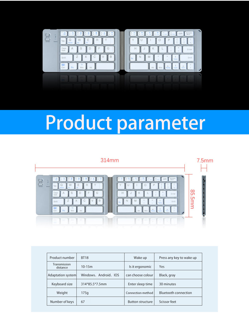 BT18 Bluetooth Foldable Keyboard - Black BT18 Bluetooth Foldable Keyboard - Black